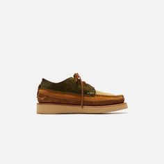 Yuketen FO Quatro - Camel Green – Kith Brown Moc Toe Lace-up Shoes With Leather Footbed, Green Lace-up Oxfords For Derby, Brown Moc Toe Loafers With Contrast Sole, Olive Leather Sneakers With Round Toe, Green Leather Moc Toe Loafers, Brown Wingtip Moccasins With Rubber Sole, Brown Moc Toe Oxfords With Textured Sole, Green Leather Shoes For Derby With Round Toe, Green Leather Round Toe Shoes For Derby