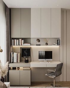 a room with a desk, chair and bookshelf on the wall in it