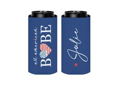 two red white and blue can coolers with the name bob on them, one has an american flag