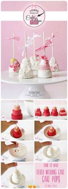 the instructions for how to make wedding cake pops with marshmallows and icing