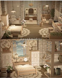 two pictures of a bedroom with furniture and decor