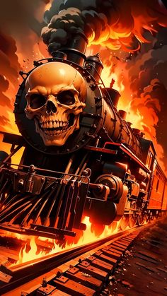 a painting of a train with a skull on the front, and flames in the background