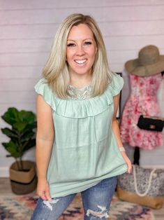 Poly/Cotton Blend Color: Misty Sage Model is wearing a size SMALL Model Specs- 5'8" | Bust: 34" | Waist: 24" | Hips: 34" Crochet Ruffle Top, Crochet Ruffle, Ruffle Top, Short Sleeves Tops, Cotton Blend, Boutique, Crochet, How To Wear, Color