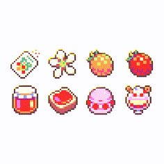 an image of pixel art with different types of food and drinks on it's side