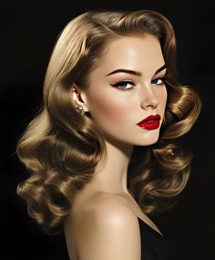 Curled Hair Side Part, Glowing Accessories, Hairstyles Evening, Sultry Aesthetic, Hollywood Glamour Hair, Curl Waves, Old Hollywood Makeup, Hollywood Curls