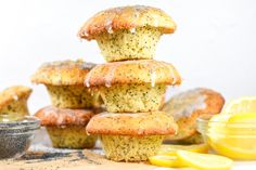 lemon poppy seed muffins stacked on top of each other