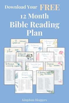 the 12 month bible reading plan is shown in blue with flowers and leaves on it