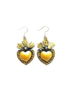 "Mexican tin heart earrings Beautiful hand painted earrings by talented artisans in Mexico. Heart earrings size: 1.5\" All orders are shipped using Mexican Postal Service and it takes: 15-25 bussines days (North America). 20-30 bussines days (Europe). 20-35 bussines days (Rest of the world). If your are in a hurry or if you would like to use another shipping service, please contact me before placing your order. The extra cost is calculated according to the package dimension and weight." Hand Painted Heart Earrings For Valentine's Day Gift, Hand Painted Heart Earrings For Gift, Heart-shaped Hand Painted Earrings As Gift, Yellow Heart Earrings For Gift, Yellow Heart-shaped Earrings For Gift, Mexican Wall Decor, Mexican Heart, Jewelry Mexican, Tin Wall Decor