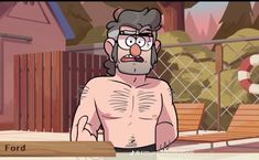 an animated man with glasses and no shirt standing in front of a fenced area