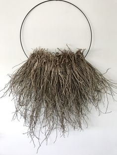 a circular object with branches hanging from it's side on a white wall background