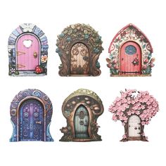 the four doors are painted pink, blue, and green with designs on them that look like fairy houses