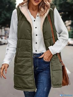 Orcajump - Reversible Hooded Vest Coat, Casual Zip Up Sleeveless Warm Outerwear, Women's Clothing Hooded Vest, Vest Coat, Pocket Pattern, Outerwear Women, Veil, Types Of Sleeves, Zip Ups, Women's Clothing, Sleeve Length