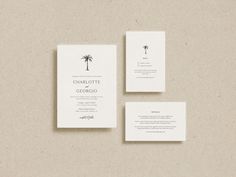 the wedding stationery is laid out on top of each other, with palm trees in the background