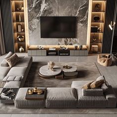 an elegant living room with grey couches and gold accents on the walls, along with a large television