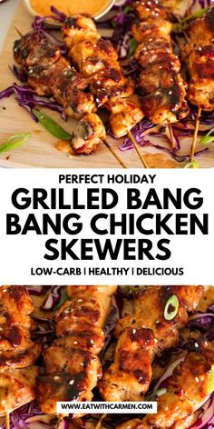 grilled bang bang skewers on a cutting board with coleslaw and sauce