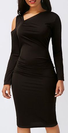 Black Cold Shoulder Long Sleeve Sheath Dress. Black Women Winter Fashion, Women Winter Fashion, Dress Swimwear, Women Fashion Dress, Closet Wishlist, Long Sleeve Sheath Dress, Mother Of Groom Dresses, Casual Wear Dress, Fashion Dresses Online