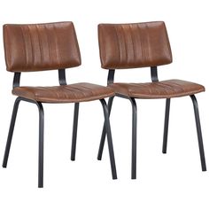 two brown leather chairs with black metal legs