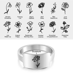 Introducing our exquisite Personalized Birth Flower Ring, a timeless piece of jewelry crafted with precision and care from high-quality stainless steel. This unique ring beautifully combines the elegance of flowers with the durability of stainless steel, making it a perfect choice for those seeking a meaningful and long-lasting keepsake. Key Features: Customized Birth Flower: Each ring is adorned with a delicate and intricate birth flower design that represents your unique birth month. Whether i Silver Birth Flower Ring For Anniversary, Silver Anniversary Flower Ring With Birth Flower, Mother Ring, Family Ring, Family Flowers, Engraved Flower, Family Rings, Flower Bar, Bar Ring