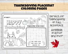 a coloring page for thanksgiving with the words happy thanksgiving and an image of a fox