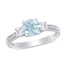 Honor your everlasting love with this gemstone and diamond engagement ring. Fashioned in cool 10K white gold, this irresistible design showcases a 6.0mm icy-blue aquamarine flanked by a duo of 3.0mm lab-created shimmering white sapphires. Glistening diamonds line the lightly tapered shank. Captivating with 1/20 ct. t.w. of diamonds and a brilliant buffed luster, this engagement ring is certain solidify your future together. Light Blue Rings Engagement, Blue Diamond Engagement Rings, Fine Jewelry White Rings With Side Stones, Zales Engagement Rings, Three Stone Engagement Ring, Jared The Galleria Of Jewelry, Aquamarine Engagement Ring, Diamond Engagement Ring Set, Stone Engagement Ring