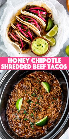 Shredded Beef Tacos made in the Slow Cooker Chipotle Pot Roast Tacos, Crockpot Chipotle Pot Roast Tacos, Yummy Roast Recipes, Crockpot Chipotle Beef, Chuck Roast Shredded Beef Tacos, Shredded Chef Recipes, Df Crockpot Meals, Chipotle Chuck Roast, Spicy Shredded Beef Tacos