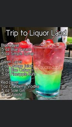 two colorful drinks sitting on top of a table next to each other with text reading trip to liquor land