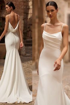 two different views of a woman in a white wedding dress, one showing the back of her gown