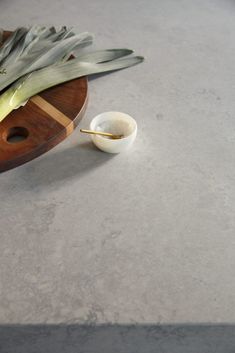 a table with a bowl, spoon and plant on it