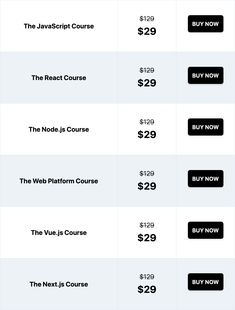 three pricing sheets for different courses