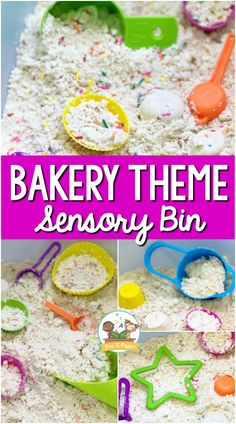 a collage of photos with the words bakery theme sensory bin in front of it