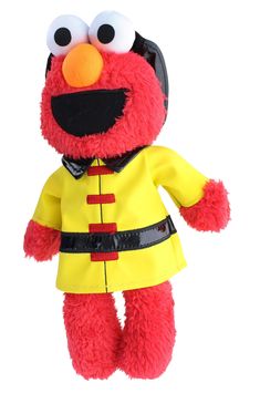 a red stuffed animal wearing a yellow uniform