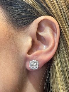 A fabulous cushion shaped pair of earrings with an enormous amount of look and sparkle! set with high quality round brilliant cut diamonds, total of 1.06 ct, in GH color and VS clarity set in 18K gold. Earring measures 0.374" L. x 0.370" W. (9.50mm x 9.40mm). Big Diamond Earrings, Cushion Cut Diamond Earrings, Diamond Cluster Earrings, Round Halo, Big Diamond, Moissanite Earrings, Marquise Cut Diamond, Cushion Cut Diamonds, Bridal Bands