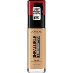 Infallible Fresh Wear 24HR Foundation -  L'Oral Infallible Fresh Wear 24HR Foundation is their most lightweight, breathable, longwear foundation. Defies transfer hour after hour.    Benefits     Up to 24 hour natural finish with buildable coverage Resists transfer, sweat and remains breathable all day Color stays true all day     Features     Advanced formula: The formula's three oil absorbers resist sweat, water, and transfer. Infused with SPF 25, non-comedogenic and suitable for all skin types Infallible Foundation, Foundation With Spf, Loreal Paris Infallible, Foundation Makeup, Broad Spectrum Sunscreen, Kat Von D, No Foundation Makeup, L Oreal, Liquid Foundation