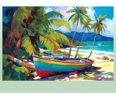 a painting of a colorful boat on the beach with palm trees in the foreground