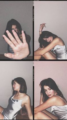 four different shots of a woman posing for the camera with her hand on her face