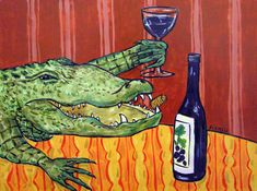 a painting of a crocodile drinking from a wine glass and holding a bottle with its mouth open