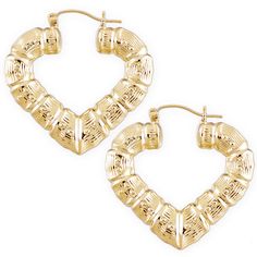 10k gold puffed hollow door knocker heart bamboo earrings 1.5 inches wide, these earrings an attractive bamboo doorknocker earrings are very popular today like 80's old school fashion trend, these Bamboo Hoop Earrings are sold 2 earrings in 1 set (1 pair) and made in USA 100% 10k yellow gold with secure clip enclosures, medium size for everyday earrings.                                                                         Item detail   10K Yellow Gold Hollow Heart Bamboo Earrings Metal: 100% 10k Gold (not plated) Width: 1 1/2 Inches ( 38 mm ) - Approx. Height: 1 1/4 Inches ( 32 mm ) - Approx. Thickness: 3/6 Inch ( 4 mm ) - Approx. Weight: 4.5 grams of 10k gold - Approx. Heart Bamboo Earrings, 80s Fashion Trends, Gold Door, Old School Fashion, Bamboo Hoop Earrings, Bamboo Earrings, 2 Earrings, Hollow Heart, Door Knocker