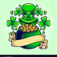 a lepreite pot with gold coins and a ribbon