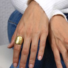 Big chunky boho ring. A unique statement ring inspired by ethnic decorative patterns. A big bold ring, hand sculptured in wax and cast in 925 sterling silver with the lost-wax casting technique. Available also in gold vermeil. Lost-wax casting is one of the most ancient techniques of jewelry making. Top width: 22mm Shank width: 7mm Weight: > 12 gr This ring is available in: * Plain 925 sterling silver * 22K gold vermeil (durable gold plating over 925 sterling silver - for further details see Bohemian Brass Jewelry With Metal Accent, Unique Yellow Gold Wide Band Open Ring, Bohemian Open Ring Brass Jewelry, Gold Brass Dome Ring With Open Design, Handmade Gold Plated Open Ring Jewelry, Handmade Gold Plated Open Ring, Bohemian Style Gold-plated Gold Rings, Bohemian Gold Plated Gold Rings, Bohemian Gold-plated Gold Rings