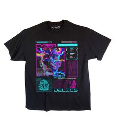 Cybernetic Psychedelics, neon, sci-fi, futuristic streetwear t-shirt Classic fit, true to size Mid-weight fabric 6 oz. 100% cotton Rave Style Screen Print Tops For Streetwear, Rave Screen Print Tops For Streetwear, Rave Tops With Screen Print For Streetwear, Black Rave Tops For Streetwear, Cyberpunk Short Sleeve Tops For Streetwear, Rave Streetwear Tops With Screen Print, Futuristic Shirt Design, Neon Short Sleeve Top With Graphic Print, Neon Graphic Print Top For Streetwear