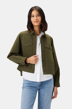 The jacket you grab time and again. A cropped military-inspired style crafted in durable organic cotton twill, made to wear everywhere. Cropped button-front jacket with full-length sleeves, flap pockets, and pleat detail at back 100% Organic Cotton Utility Twill 21 1/2" in Length Ethically Made in Peru Part of a matching set Military Inspired, Clothes Horse, Cotton Jacket, Matching Sets, Cotton Twill, Peru, Full Length, Length Sleeve, Organic Cotton