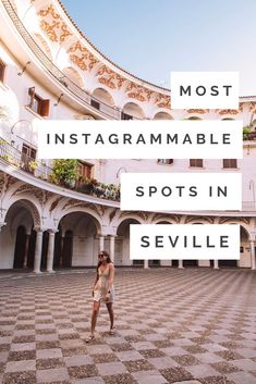 a woman standing in front of a building with the words most instagrammable spots in se