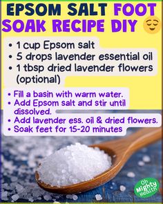 Try this Epsom salt foot soak recipe for ultimate relaxation! Tired, achy feet? I've got you covered with 11 DIY foot soak recipes using essential oils, baking soda, and more. Perfect for dry feet, cracked heels, and fungus issues. These homemade soaks are easy to make and work wonders as a pedicure treatment. Save this pin for your next self-care day and give your feet the TLC they deserve! Diy Foot Soak Recipe, Epsom Salt Foot Soak, Homemade Foot Soaks, Lavender Epsom Salt, Diy Foot Soak, Foot Soak Recipe, Dry Cracked Heels, Bath Salts Diy, Dried Lavender Flowers