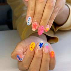 Rush Week Nails, Disney Nails Easy Simple, Nails With One Finger Design, Cute Funky Nails Simple, Mix Matched Nails, Nail Art Designs Birthday, Nails With Different Designs On Each, Types Of Nails To Get At Salon, Fun Nail Designs Creative Latest Fashion