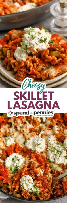 two plates filled with pasta and cheese on top of each other, the title says cheesy skillet lasagna