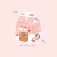 a pink background with an image of a bear and strawberry milk