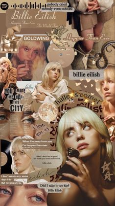 a collage of photos with different people and words on them, including one woman talking on a cell phone