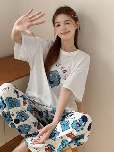 Women's Cute Monster Pattern Round Neck Short Sleeve Pajama Set White Set White Cute  Short Sleeve Knitted Fabric,French Terry Cartoon Pant Sets Non-Stretch All Women Sleep & Lounge, size features are:Bust: ,Length: ,Sleeve Length: Comfortable White Sleepwear Pants, White Long Pants Sleepwear For Home, White Long Pants Set For Sleepovers, White Long Pants Sets For Bedtime, White Pajama Party Sets With Long Pants, White Long Pants Pajama Party Sets, White Long Pants Sets For Pajama Party, White Casual Pajama Party Sets, White Casual Sets For Pajama Party