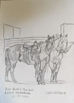 two horses standing next to each other in a pen and ink drawing on white paper