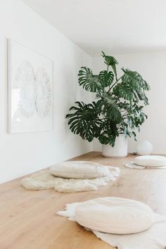 a wooden table topped with pillows and a potted plant next to it on top of a hard wood floor